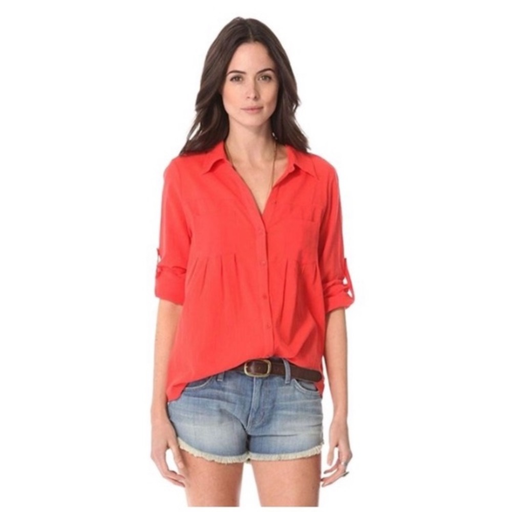 Joie Pinot Crepe Long Sleeve Button‎ Down Top Cherry Red Women's Sz Medium